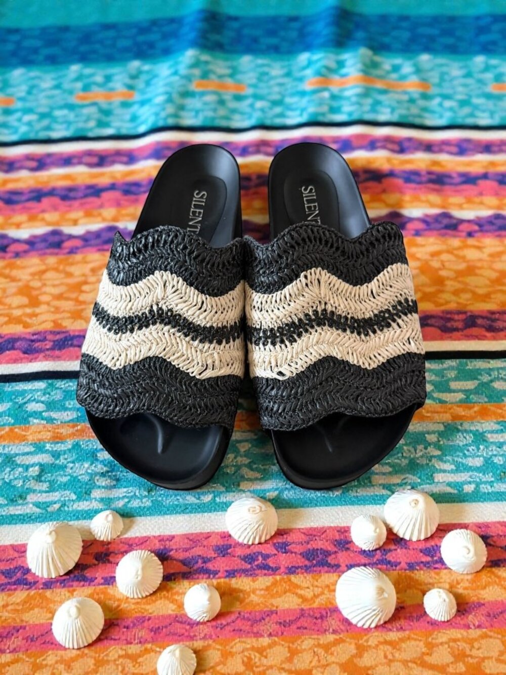 SILENT D Black Beige Woven Pool Slides Sandals Size 39 / US 9
